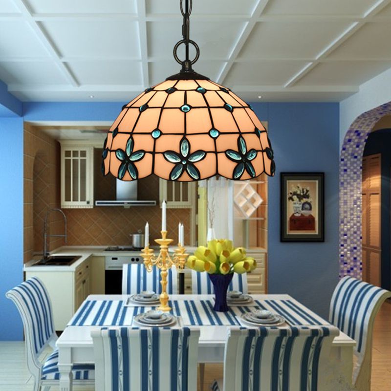 1-Head Hanging Light Kit Tiffany Lattice Bowl White Glass Jeweled Flower Pendant Lighting for Dining Room