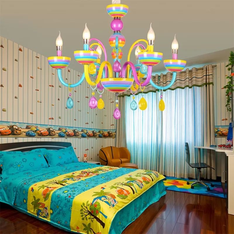 Glass Candle Pendant Light with Crystal Pretty Multi-Colored Chandelier for Kindergarten