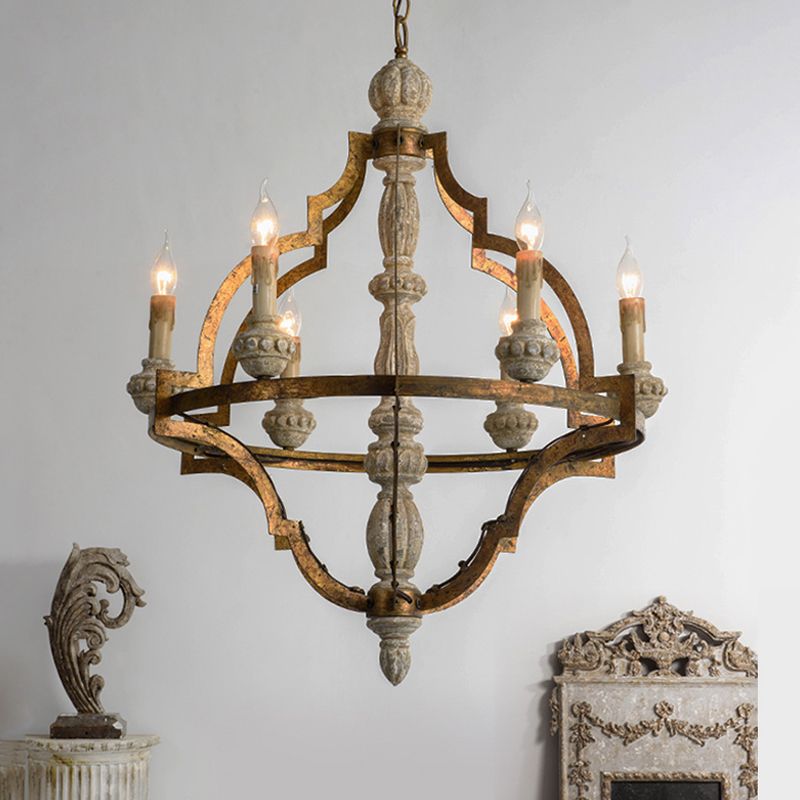 Forme de bougie vintage Pendentif suspendu 6 lumières Plafond en bois lustre en laiton antique pour salle à manger