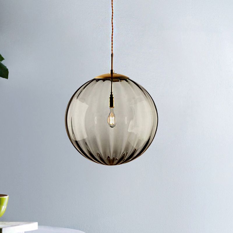 Sphere Pendant Lighting Modern Blue/Purple/Smoky Ribbed Glass 1 Light Led Hanging Ceiling Lamp for Bedroom