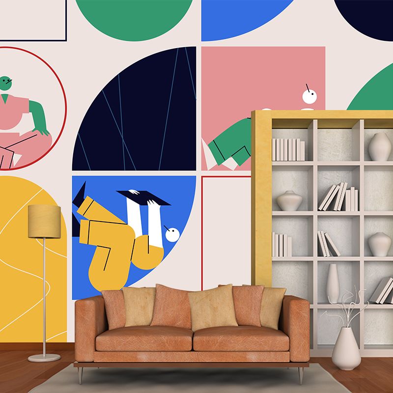 Illustration Man of Leisure Mural for Bedroom, Pink-Blue-Yellow, Custom Size Available
