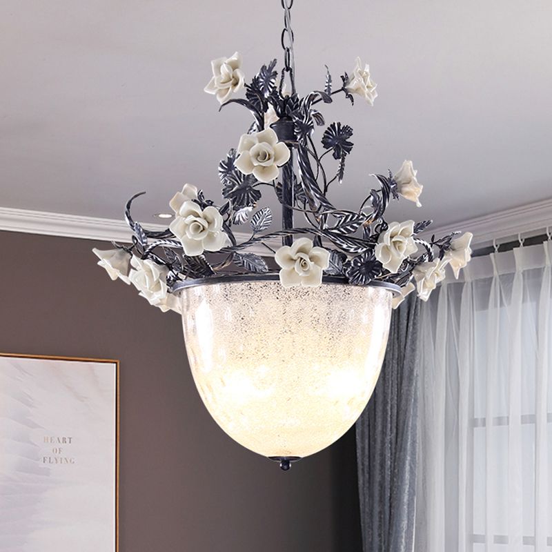 Ciotola a 4 bulbone lampadario a sospensione in stile pastorale in vetro bianco lampada appesa con decorazione floreale