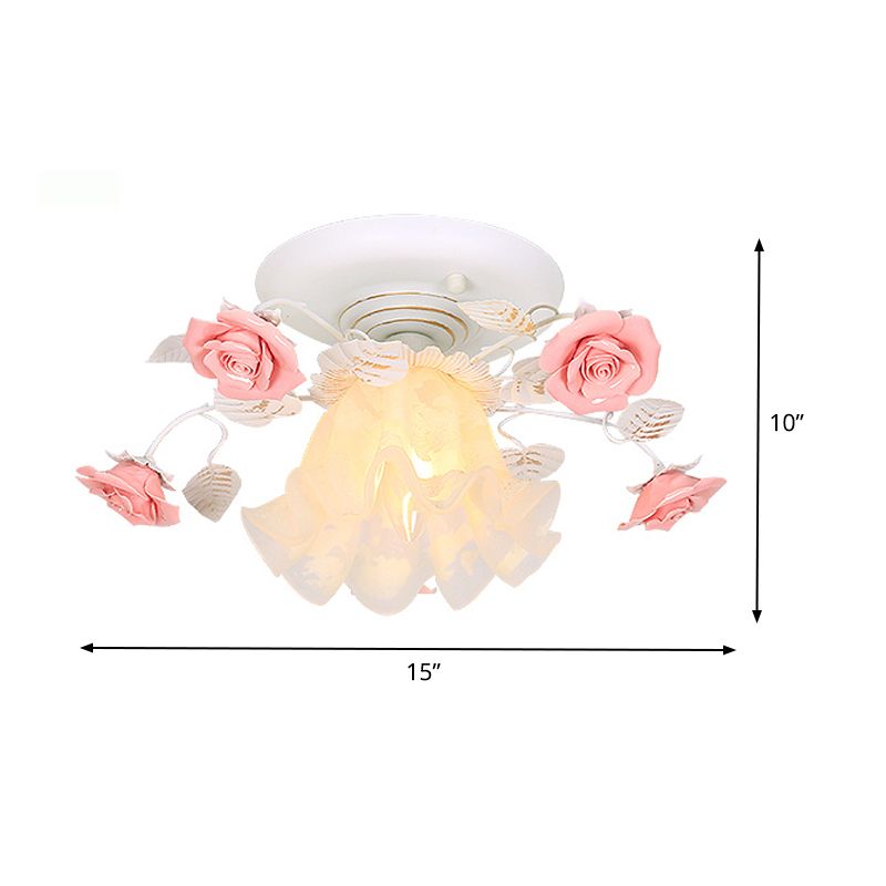 Rose Porch Ceiling Lighting Korean Garden Metal 1 Bulb White Semi Flush Mount Light Fixture