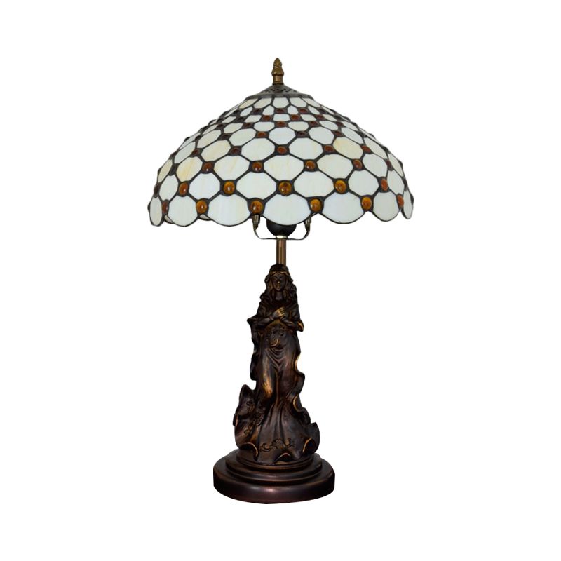 Cabochons-Embellished Grid Night Light 1-Light White/Beige Glass Tiffany Tischlampe mit Engel Dekor