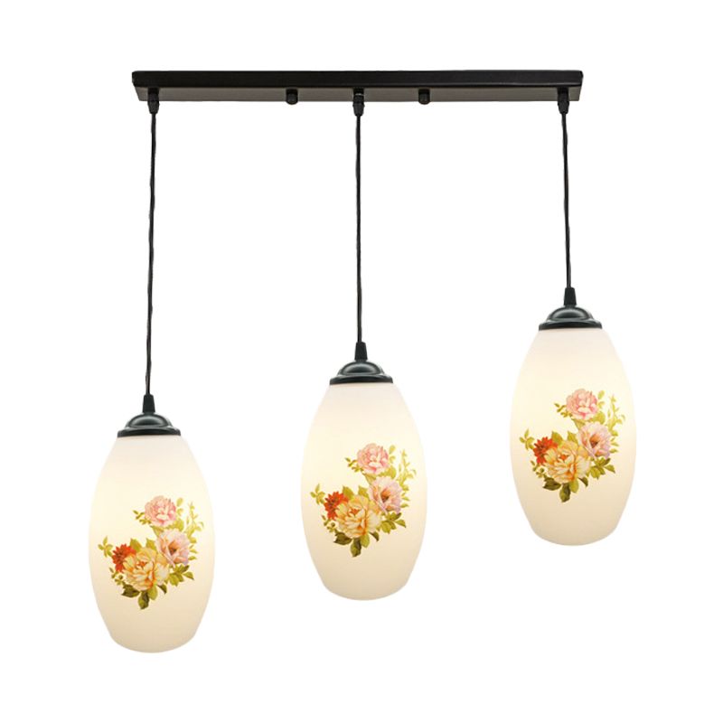 Minimalism Oval Multi Lamp Pendant 3 Heads White Frosted Glass Suspension Light in Black with Linear/Round Canopy