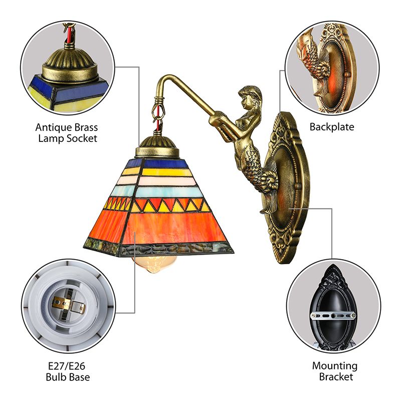 Orange Pyramid Wall Mounted Light Tiffany 1 Head Stained Glass Sconce Light Fixture