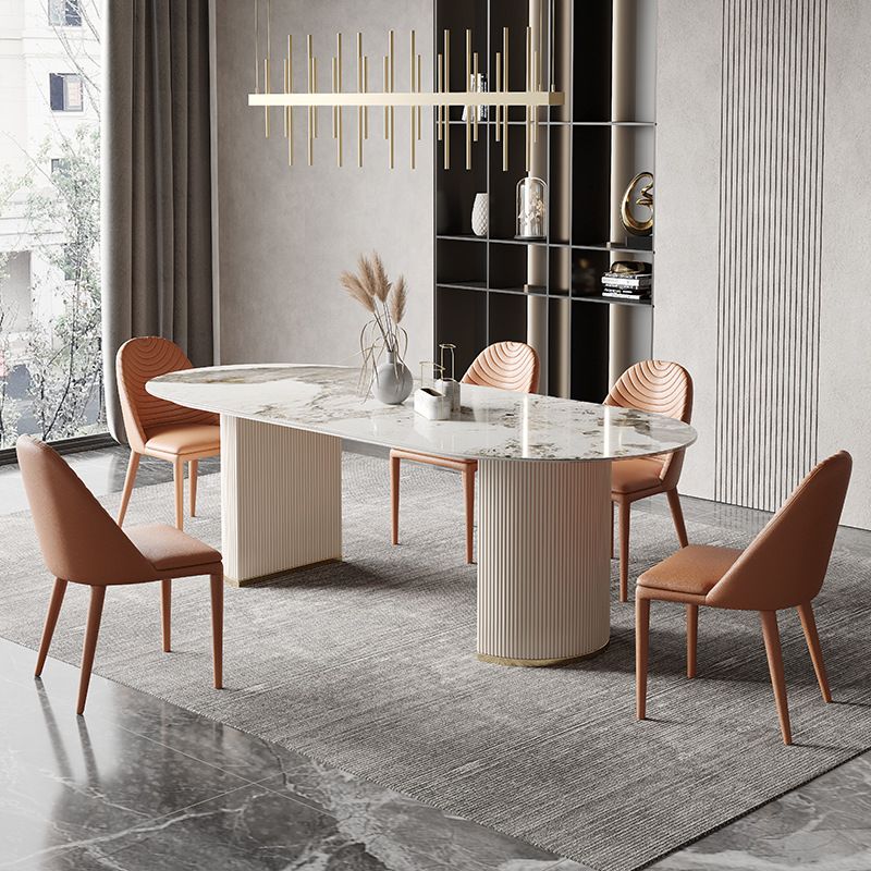 Oval Shape Fixed Kitchen Table Luxury Sintered Stone Double Pedestal Table