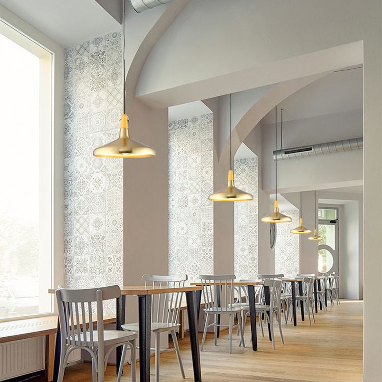 Gold Wood Capped Ceiling Pendant Light Minimalist Style Metal Hanging Light Fixture