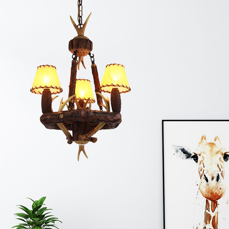 Brown Cone Pendant Chandelier Farmhouse Fabric 3-Head Living Room Hanging Ceiling Light