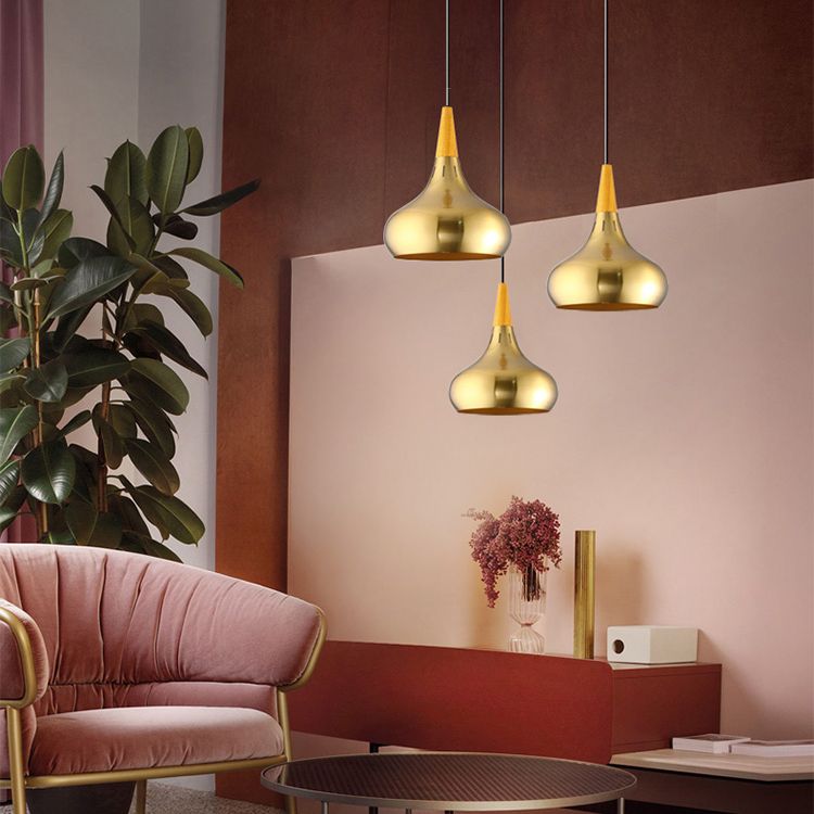 Gold Wood Capped Ceiling Pendant Light Minimalist Style Metal Hanging Light Fixture