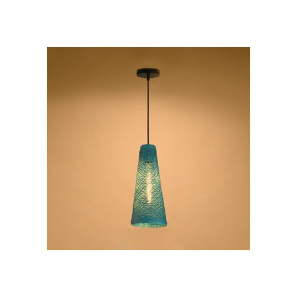Rattan Handmade Pendant Lamp Contemporary 1 Light Hanging Lamp with Cone Shade in Blue/Brown