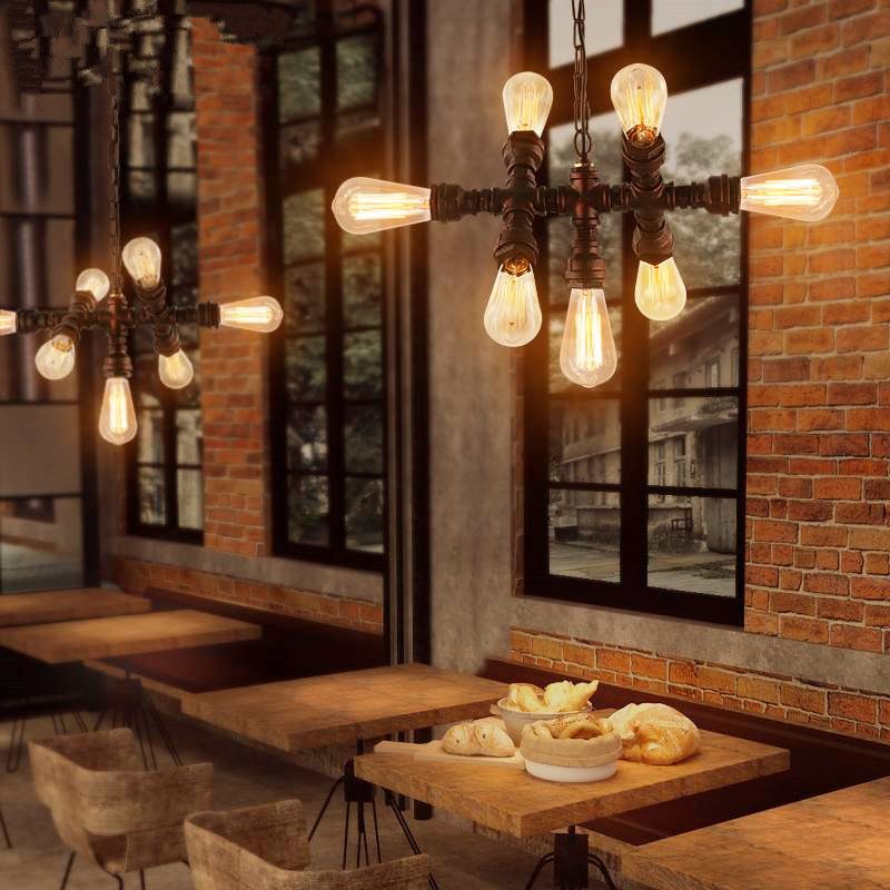 Sputnik Design Piping Bistro Chandelier Steampunk Iron 7-Bulb Antique Bronze Ceiling Hang Light