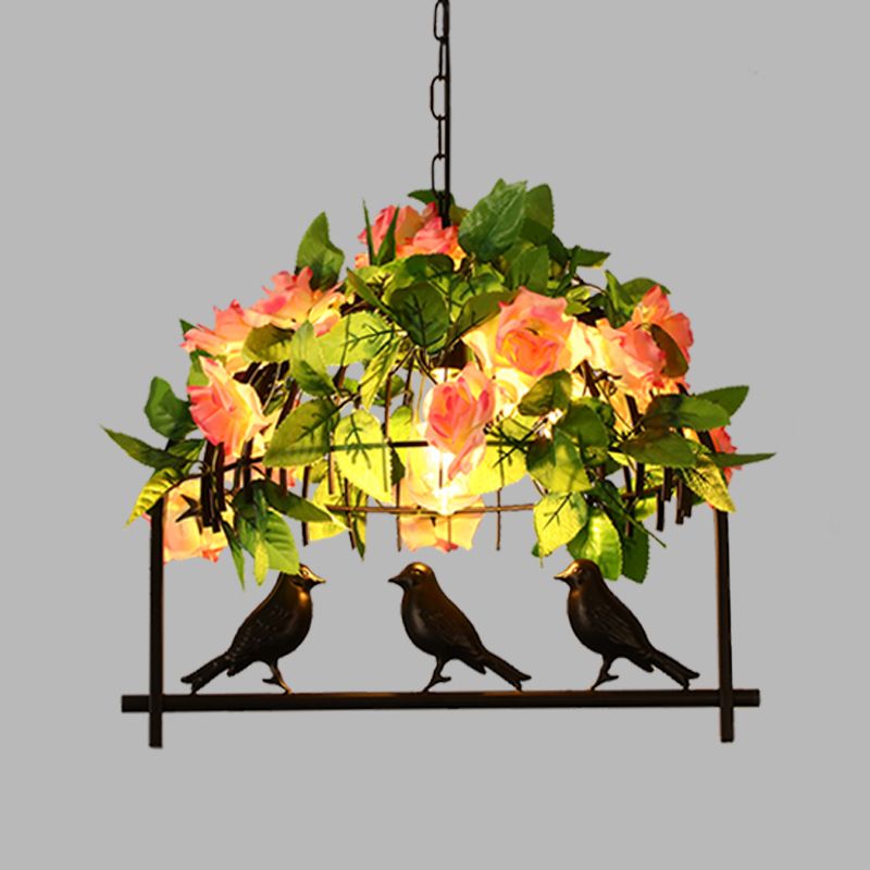 Industrial Birdcage Island Light Fixture 1/3-Light Iron Down Lighting Pendant in Black with Rose Decoration