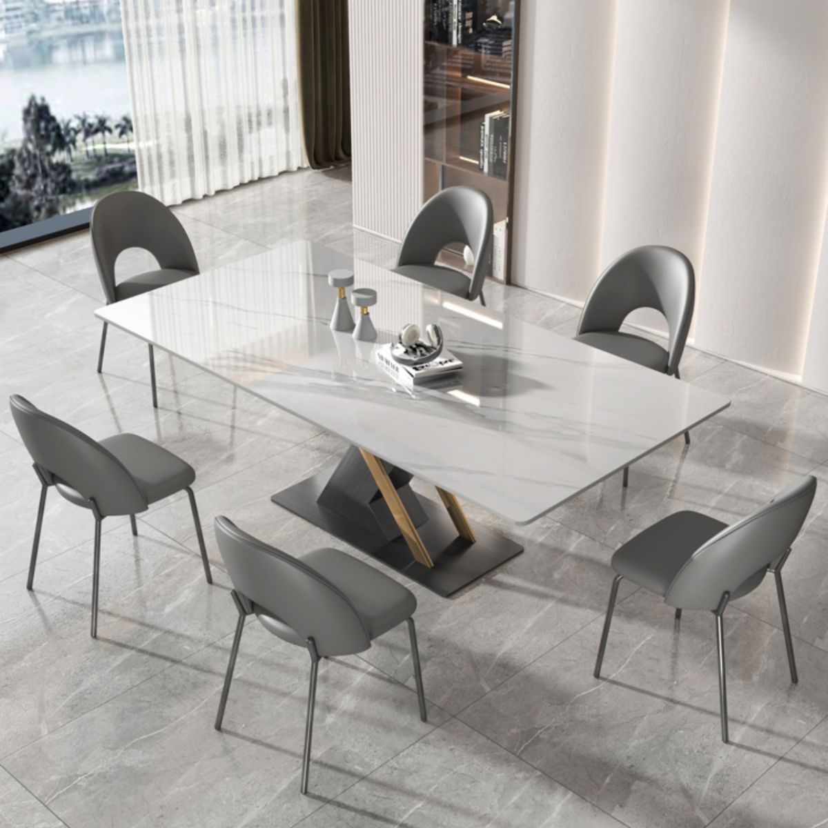 Modern Sintered Stone Dining Table White Dining Room Table with Pedestal Base
