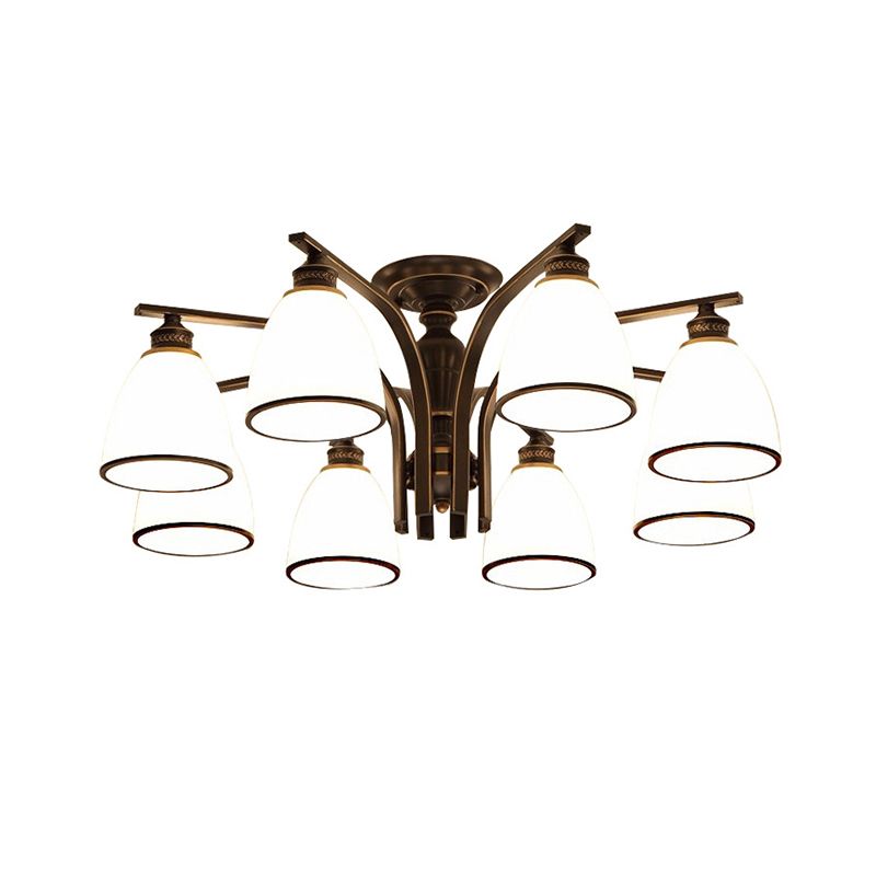 Minimalist Bell Shape Ceiling Light Cream Glass Semi Flush Light in Black for Dining Room