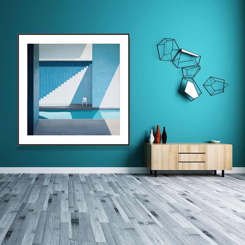 Nordischer Leinwanddruck, dunkle Farbe, Ecke eines Gebäudes und Stuhl, Wandkunst, Dekor für Schlafzimmer