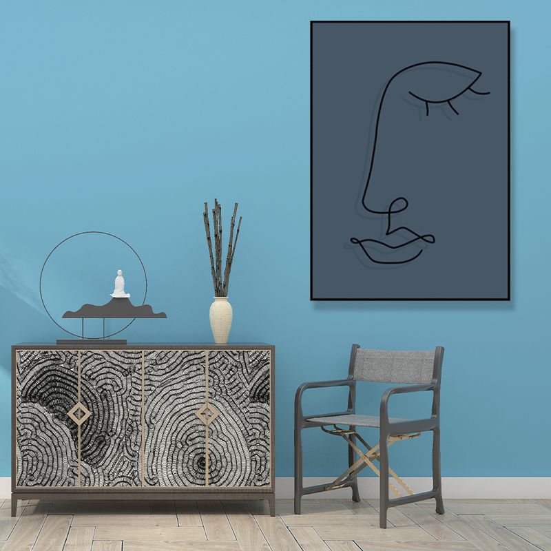 Pencil Line Face Sketch Art Print Blue Girls Bedroom Wall Decor, Texture Surface