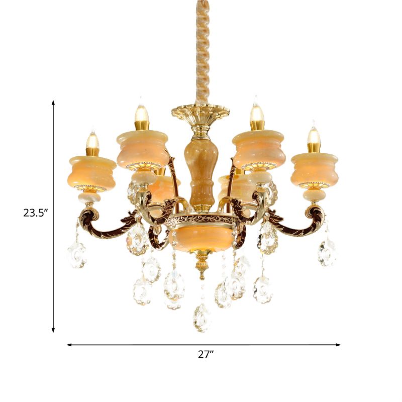 Gold Candlestick Hanging Chandelier Vintage Jade 6/8 Bulbs Bedroom Pendant Light with Crystal Drop