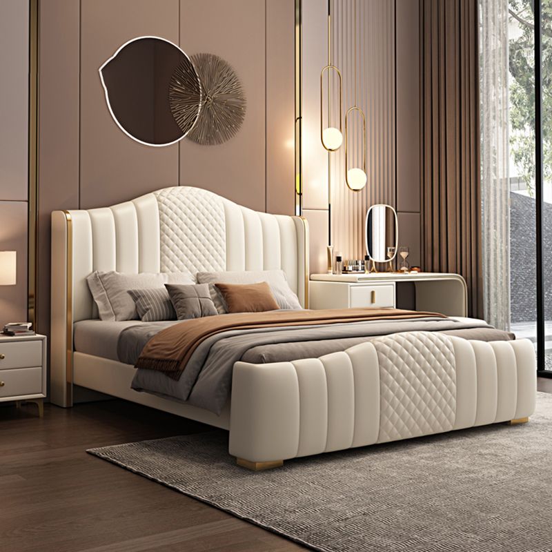 Glam Beige Standard Bed Camel Back Pine Wood and Metal    Panel Bed