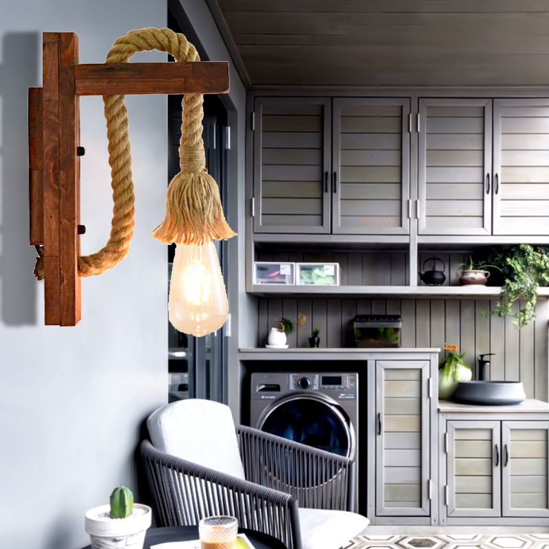 Rope Exposed Bulb Sconce Lighting Coastal 1 Light Living Room Wall Mounted Lamp in Red/Brown/Wood