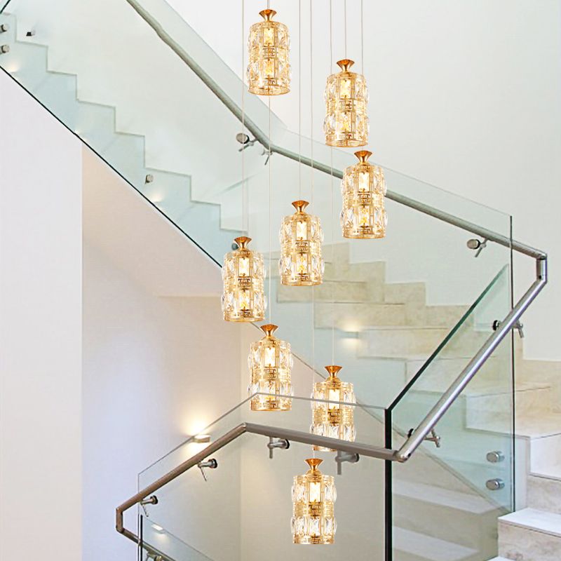Modernist Cylindrical Cluster Pendant Light 8 Bulbs Crystal Hanging Ceiling Lamp in Gold