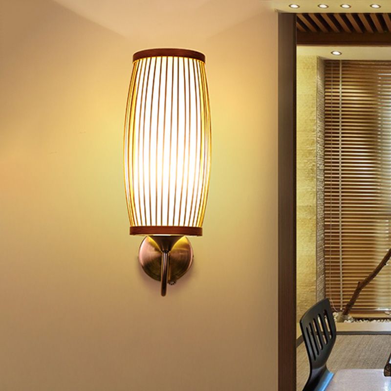 Barrel Sconce Lighting Fixture Asian Style Bamboo Single Head Beige Wall Mount Lamp with Inner Tube Parchment Shade