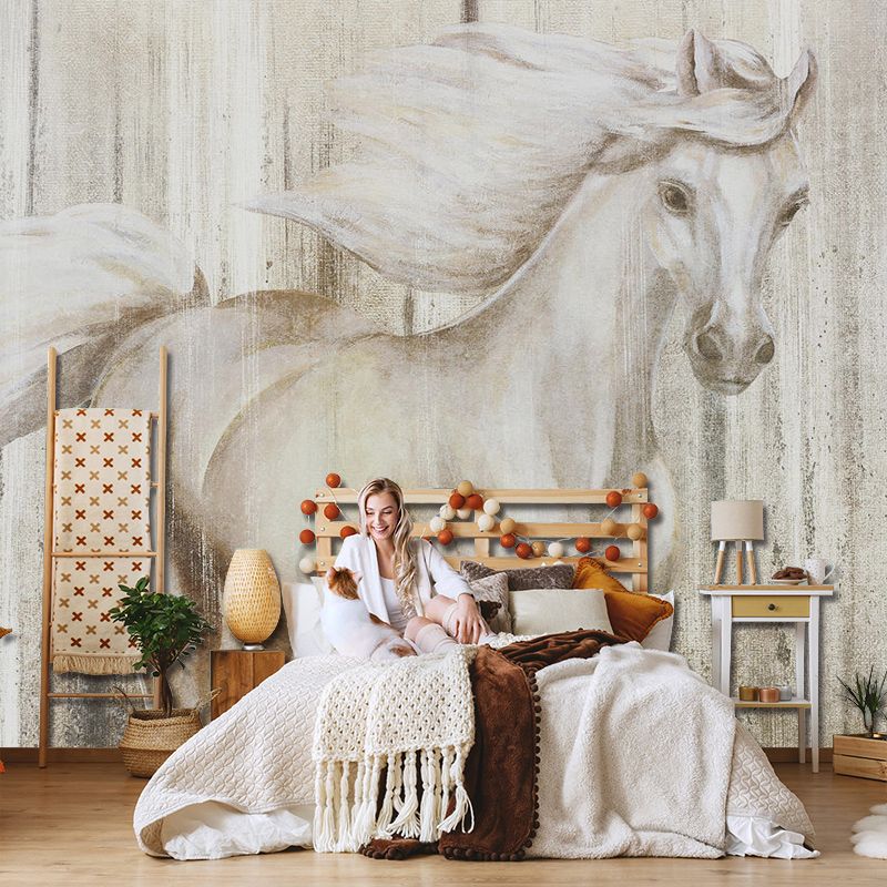 Giant Horse Mural Wallpaper in Grey and Yellow for Coffee Shop, Water-Resistant