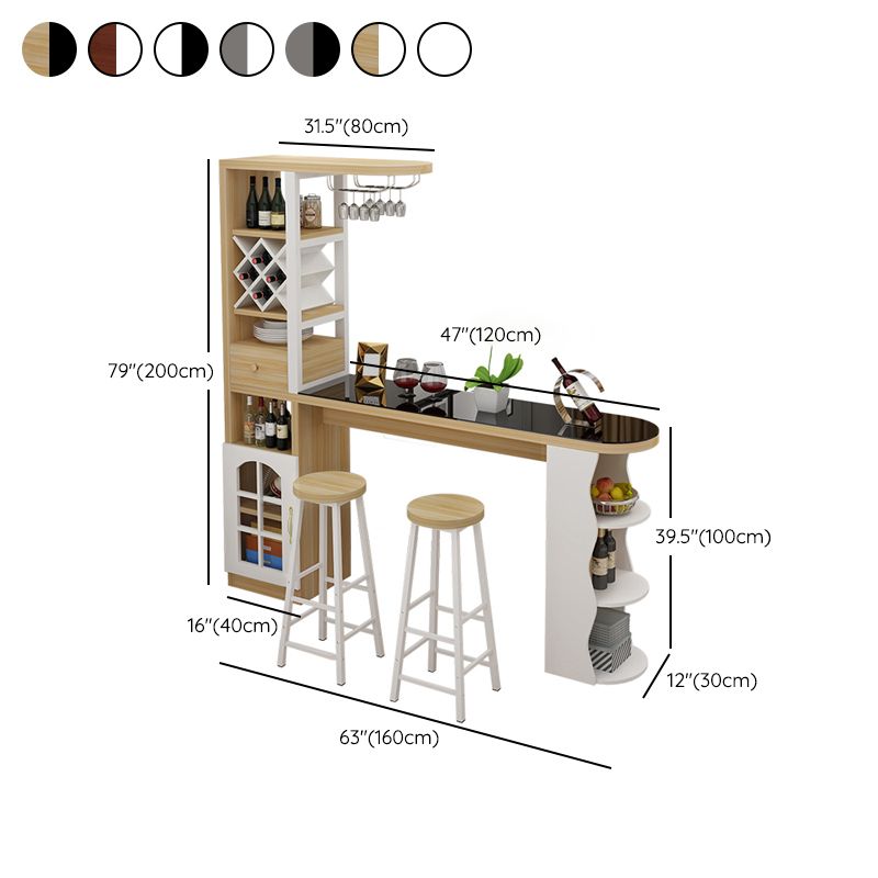 Modern Glass Bar Table Artificial Wood Base with Wine Cabinet for Balcony