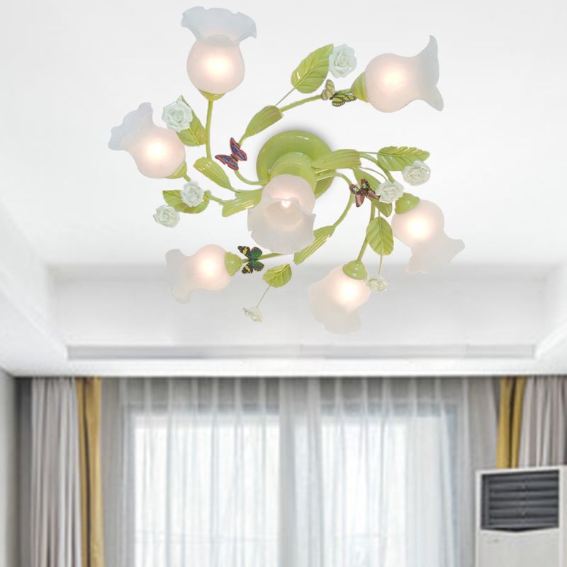 Green 7 Lights Semi Flush Light Pastoral Frosted Glass Floral Ceiling Mount Chandelier for Bedroom