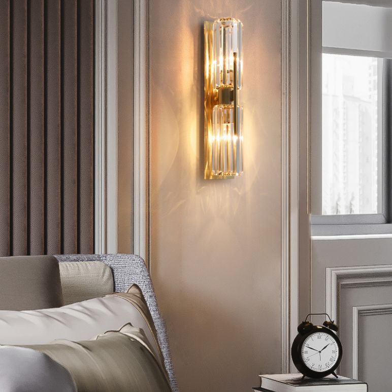 Gold 2-Lights Wall Sconce Modern Style K9 Crystal Cylindrical Wall Mounted Light