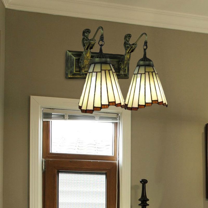 2 Heads Flared Sconce Light Tiffany Yellow Glass Wall Mounted Light Fixture with Mermaid Backplate