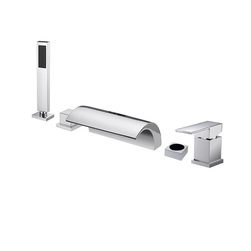Modern Waterfall Tub Spout 2 Handles Deck Mount Roman Tub Faucet in Black and Chrome