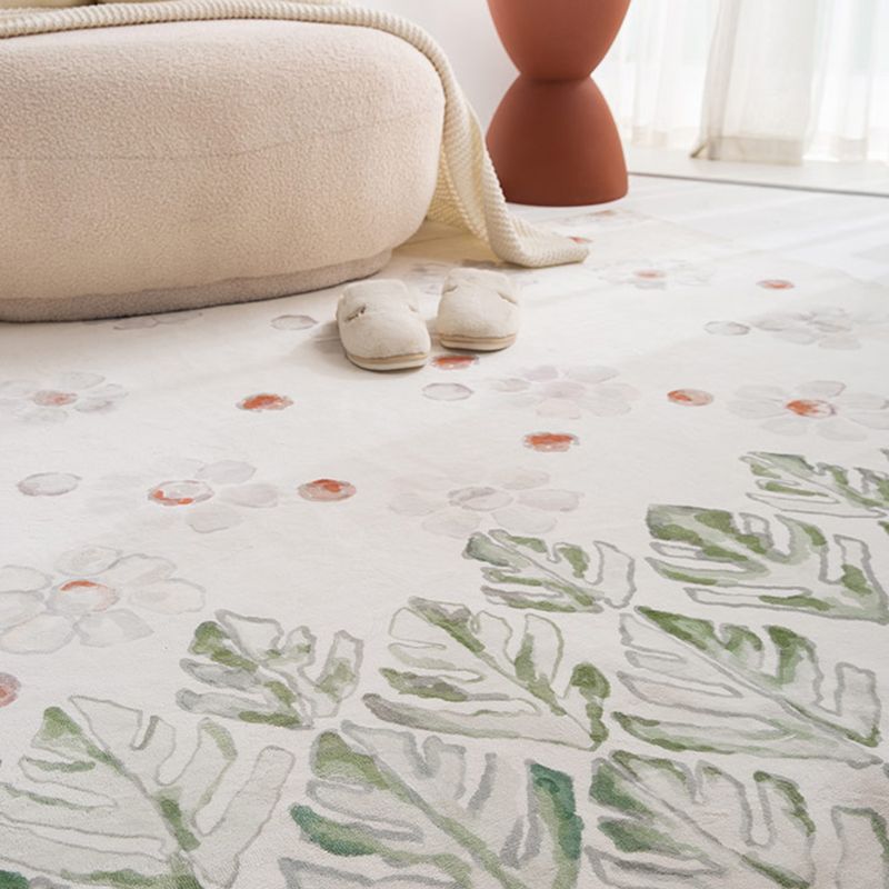 White Floral Print Area Rug Modern Polyester Area Carpet Non-Slip Backing Rug for Living Room