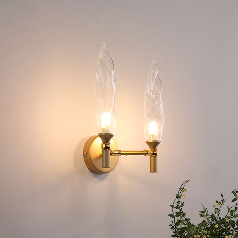 Double Arm Wall Lighting Modernism Metal 2 Bulbs Living Room Wall Mount Sconce in Gold with Torch Clear Glass Shade