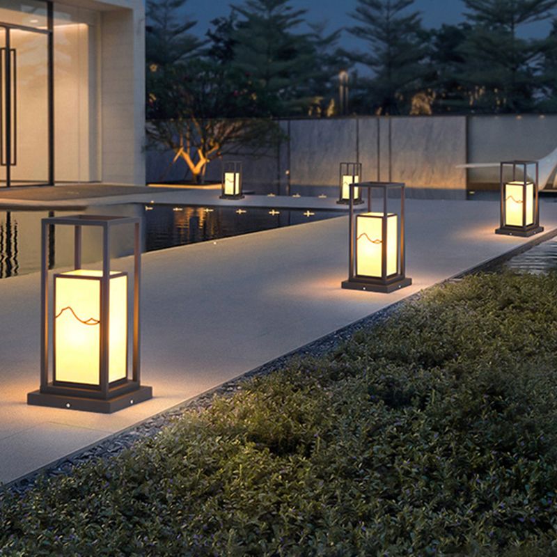 Modern Metal Pillar Lamp Rectangle Shape Outdoor Waterproof Light in Black