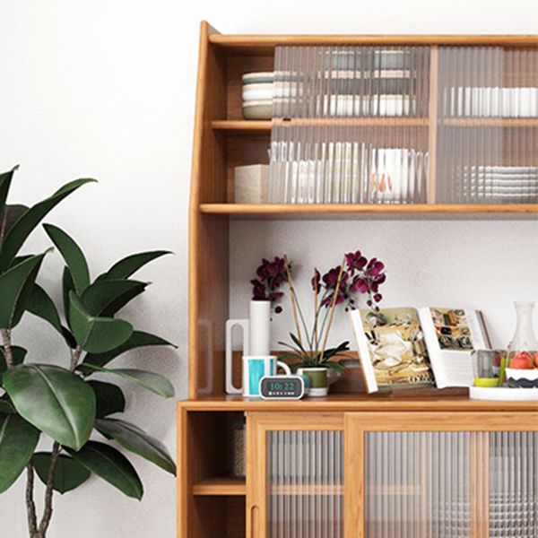 Pine Wood Buffet Table 3 Drawer 4 Glass Doors Simple Style Cupboard for Kitchen