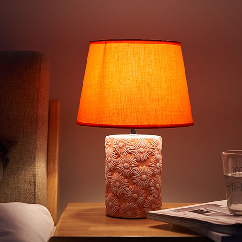 Orange Tapered Drum Table Light Rustic Fabric 1 Head Bedside Night Lamp with Carved Sunflower Base