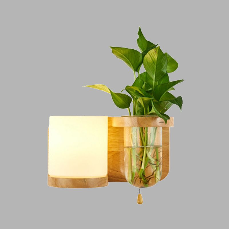 1 Bulb Wall Mounted Light Industrial Cylindrical Opal Glass LED Wall Lamp Sconce in Wood, Left/Right