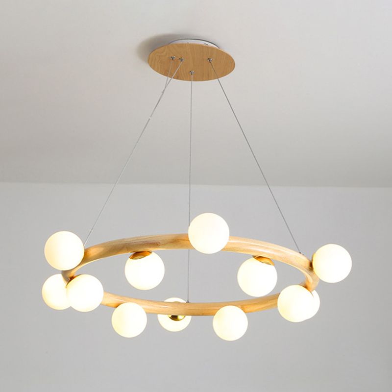 Modern Minimalist Round Chandelier Light Fixture Natural Wood Living Room Ceiling Chandelier