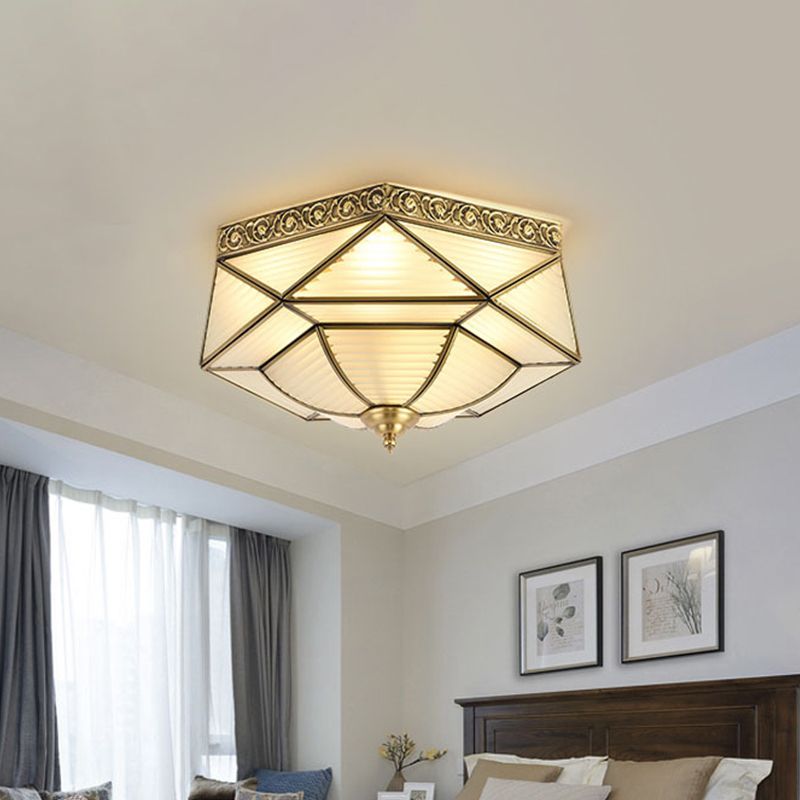 4 Lights Ceiling Mounted Fixture Colonial Prismatic Frosted Ribbed Glass Flushmount in Gold