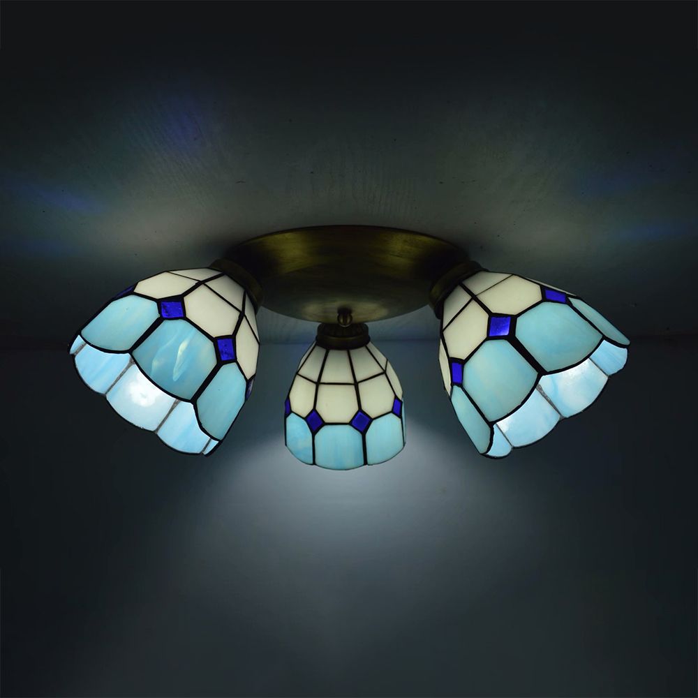 Tiffany Dome Ceiling Fixture Stained Glass 3 Lights Flush Mount Ceiling Light in Pink/Yellow/Orange/Sky Blue/Dark Blue for Dining Room