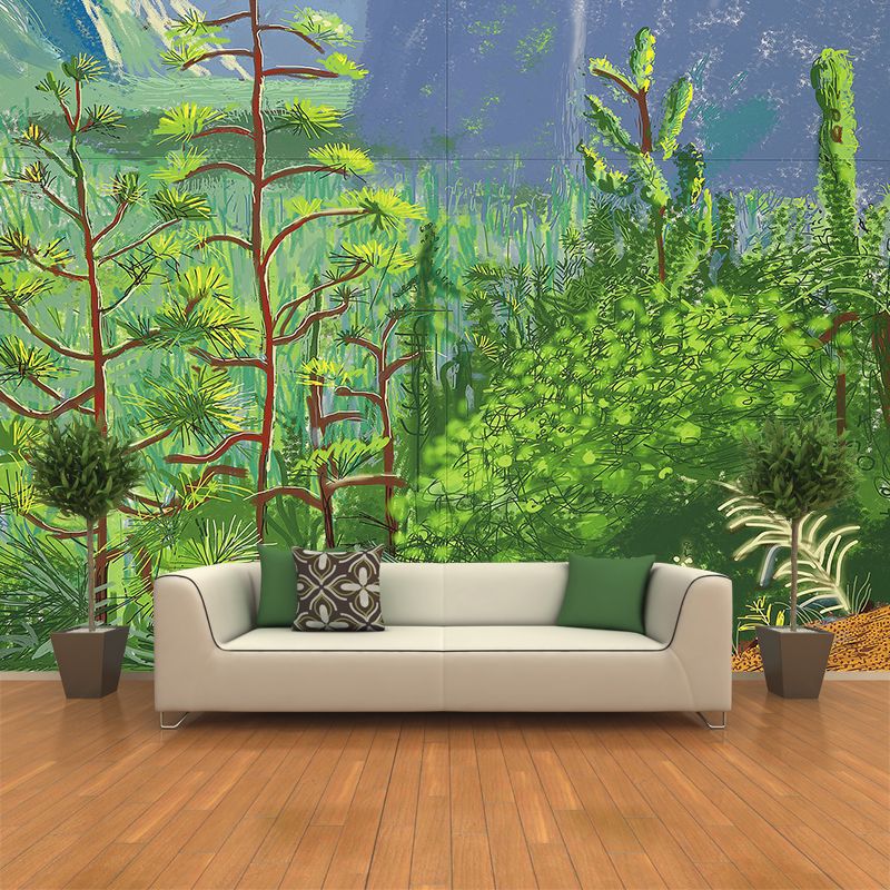 Art Deco Mountain Landscape Mural for Living Room Custom Wall Covering in Blue-Green