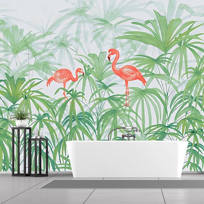 Plants Flamingo Murals Decal Tropical Non-Woven Fabric Wall Art in Green for Bedroom