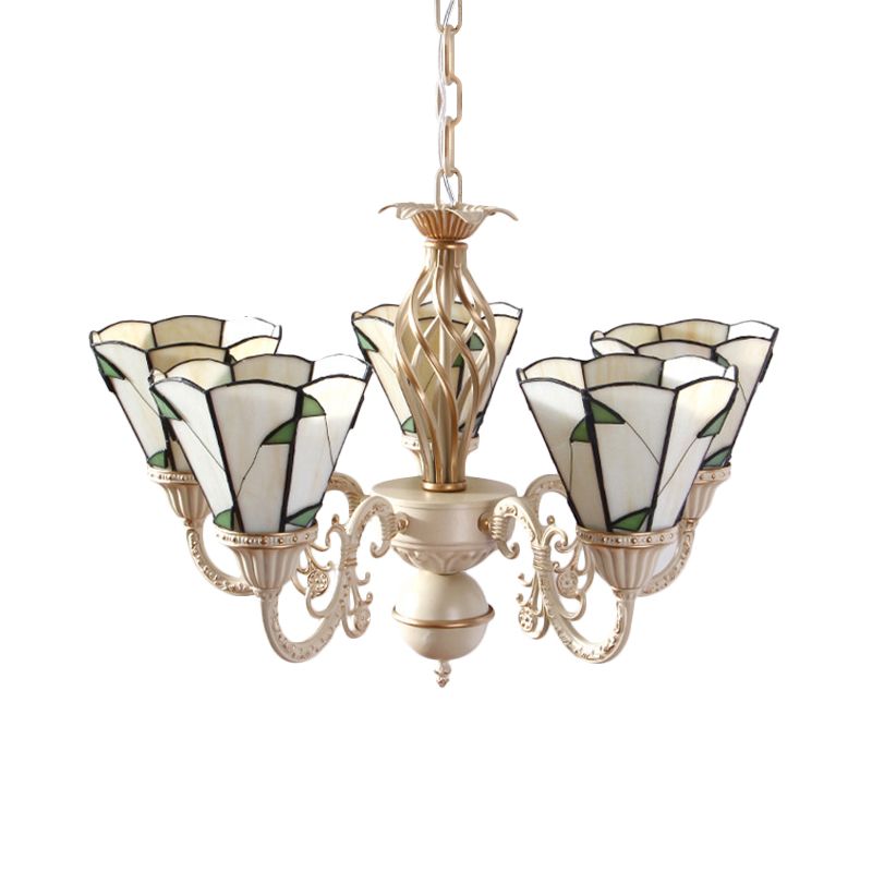 Green Leaf Chandelier Light with Beige Glass 5 Lights Rustic Hanging Ceiling Light for Hall