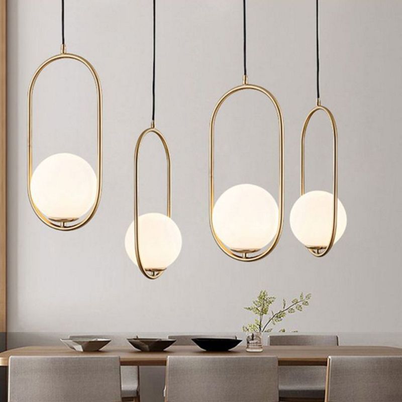 Nordic Modern Opal Frosted Glass Pendant Light Spherical Suspension Light  with Elliptical Metal  Ring for Dining Room