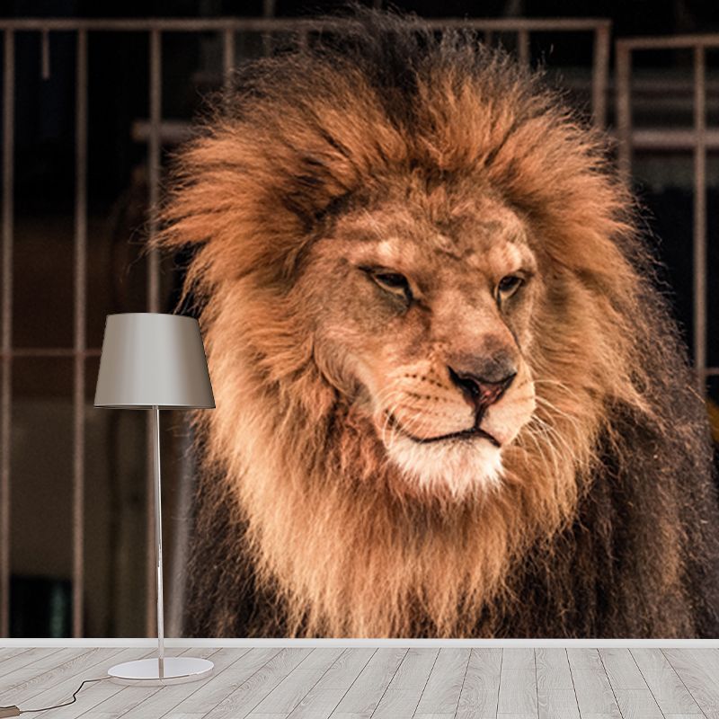 Brown Caged Lion Wall Mural Stain-Proof Modern Living Room Wall Covering, Custom Size