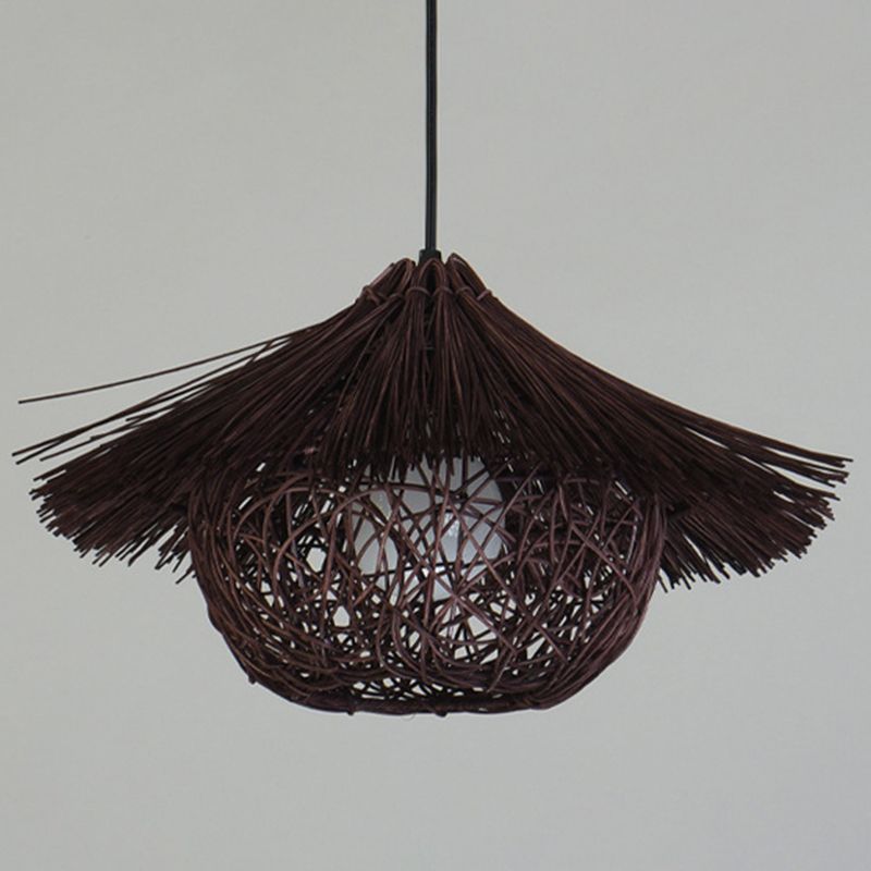 1 Light Farmhouse Shape Hanging Ceiling Light Japanese Fringed Rattan Hanging Light for Restaurant