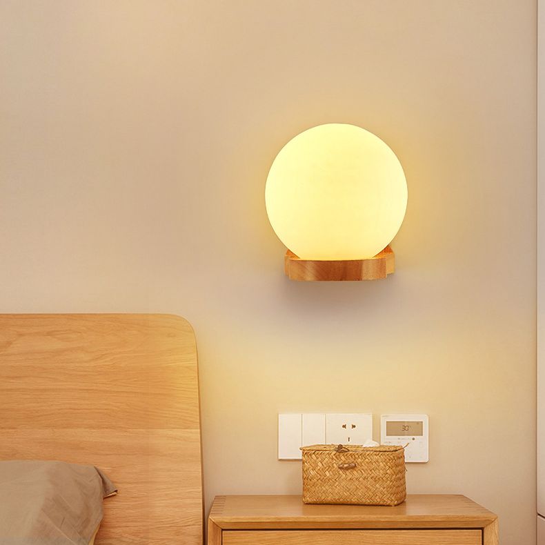 5.5" H Single Bulb Simplicity Wall Mount Light Nordic Style Glass Globe Sconce Light with Solid Wood Base