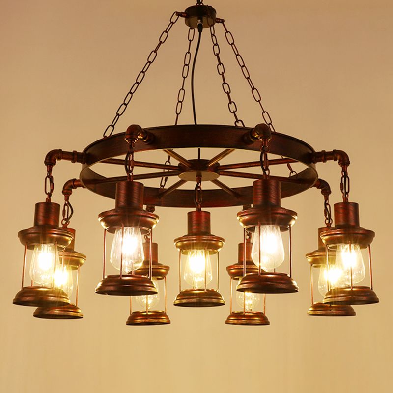 Industrial Wagon Wheel Chandelier Lighting Iron Pendant Light with Clear Glass Shade in Bronze