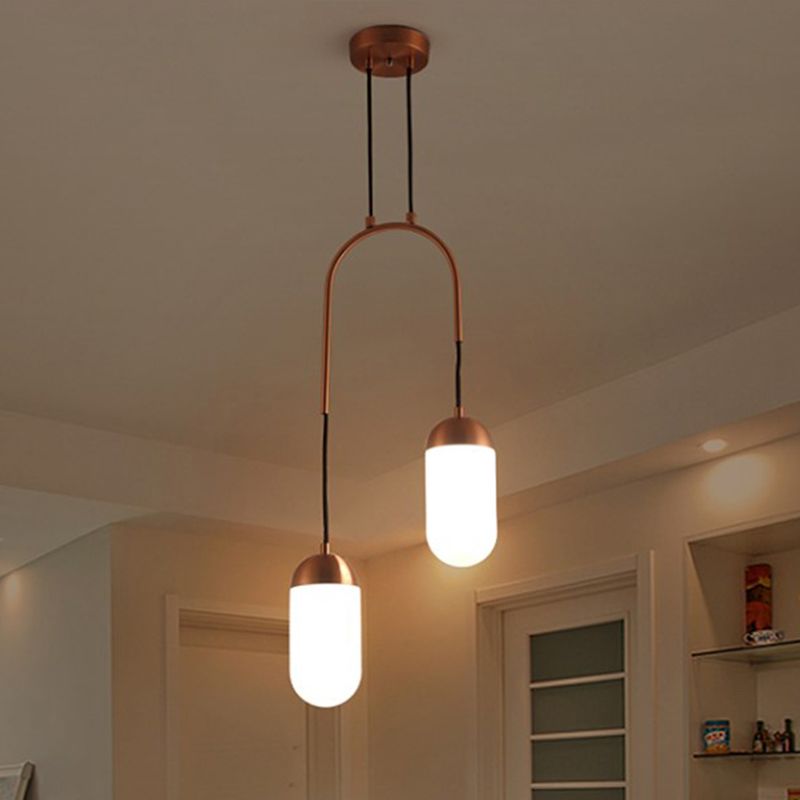 Post Modern Capsule Multi Ceiling Light White Glass 2 Lights Bedside Arced Pendant Lamp in Copper